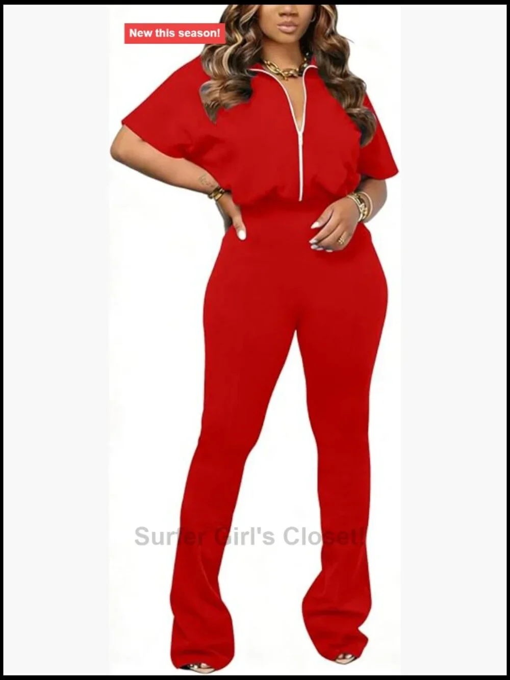Short Sleeve Zip Up Top Flared Pants Tracksuit Jogger Set